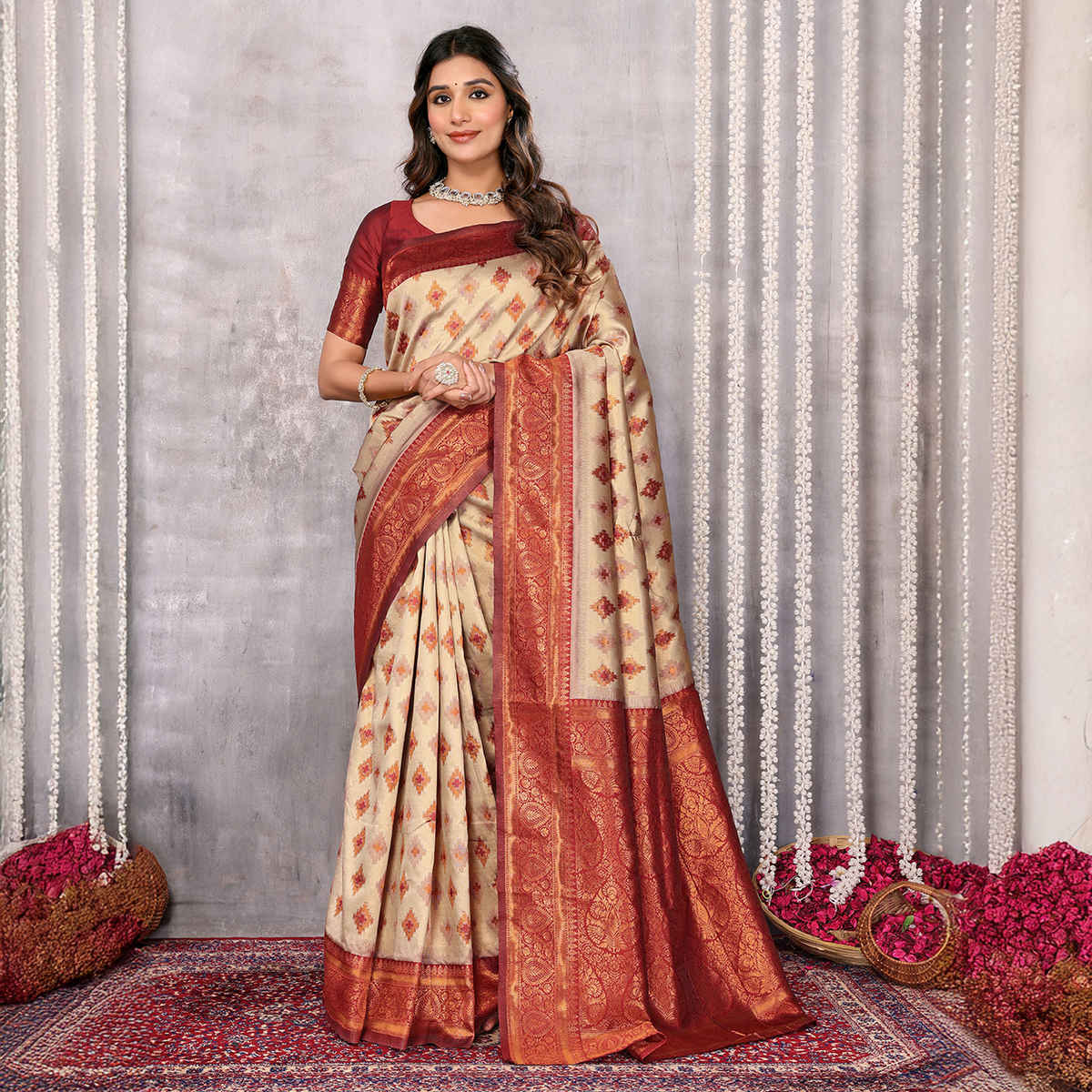 Janasya Women's Silk Blend Ethnic Motifs Kanjivaram Saree with Blouse Piece | SAR359 | Beige