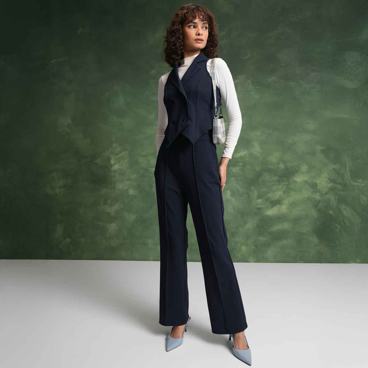 Tokyo Talkies Women's Notched Lapel-Collar Waistcoat With Trousers | Blue - M