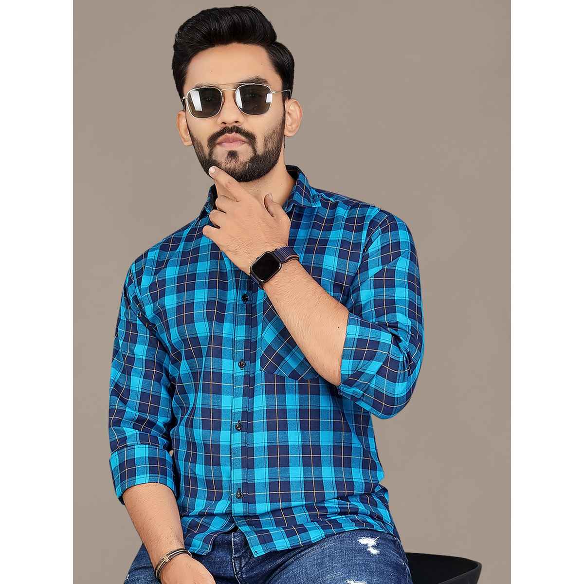 Allan Peter Men's Blue Checks Shirt | M