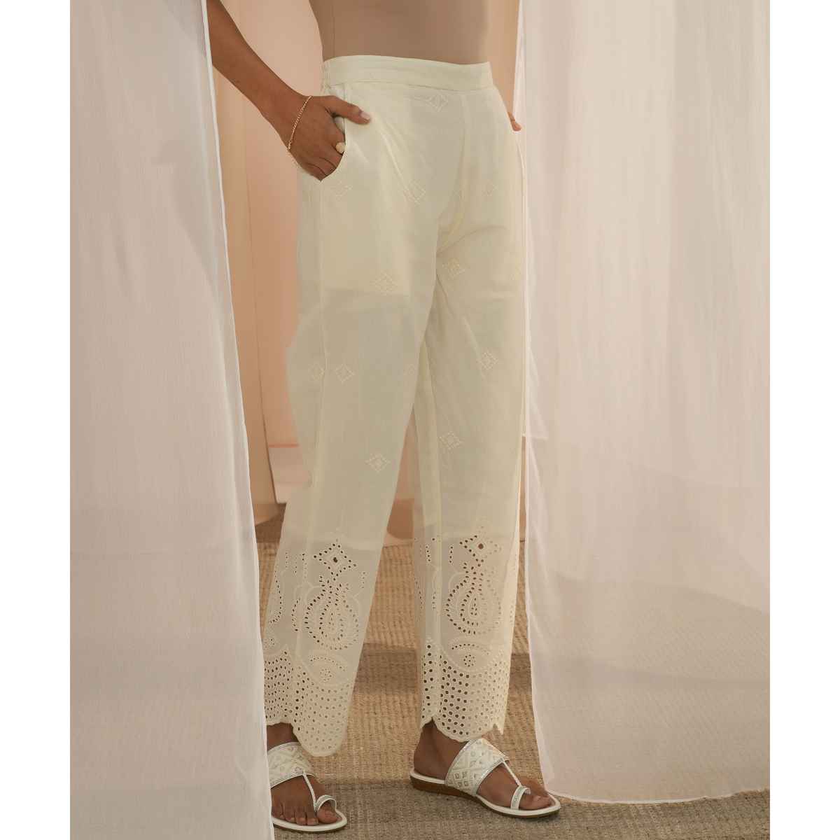 Libas Women's Off White Embroidered Cotton Straight Fit Palazzos | L
