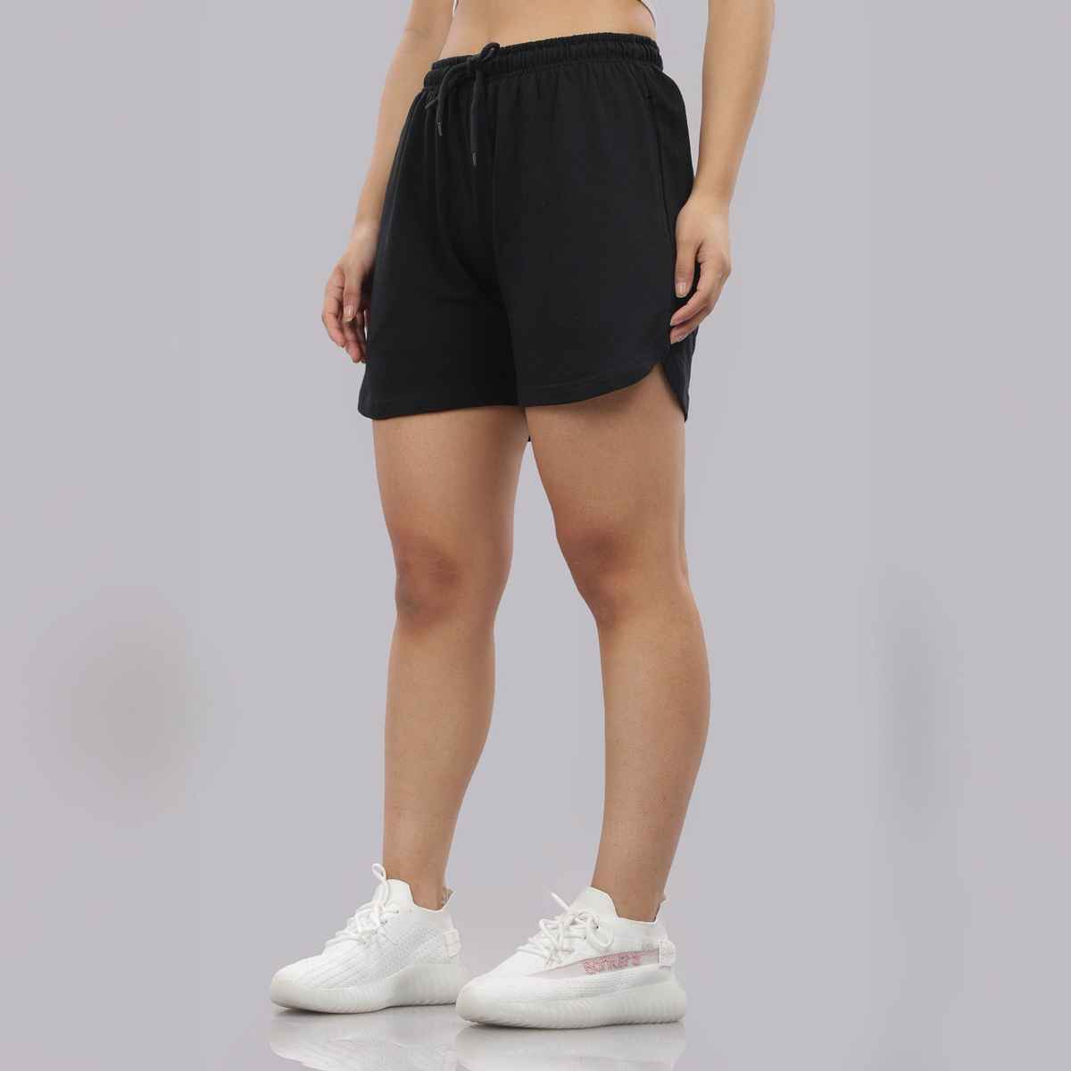 Springman Solid Black shorts With Elastic & Drawstring For Women | L