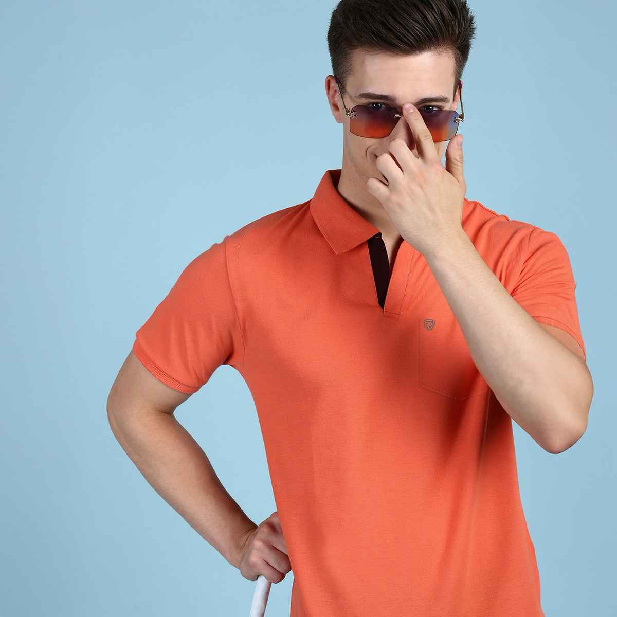 Lux Cozi Men's Solid Cotton Polo T-shirt with Pocket | Apricot - S