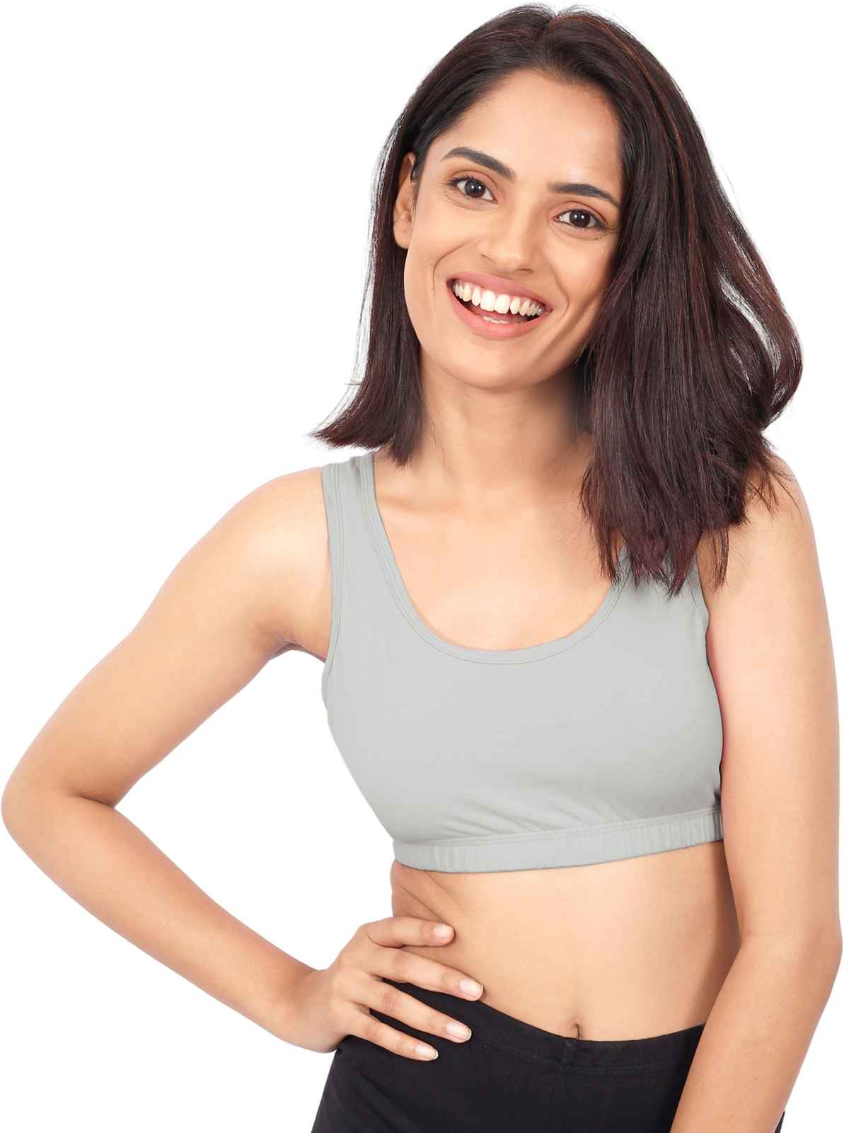 D'chica Women's Cotton Sports Bra | Double-layer Broad Strap, Non-Padded | White & Grey - M