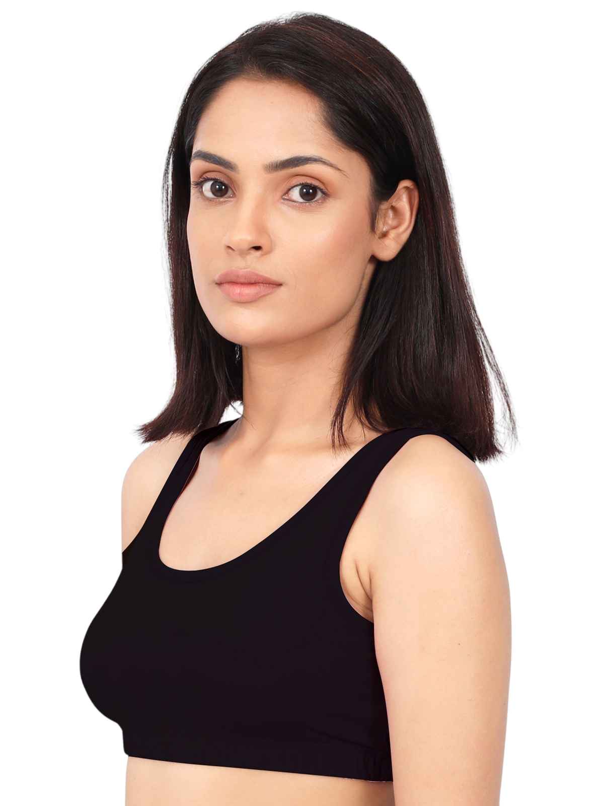 D'chica Women's Cotton Sports Bra | Double-layer Broad Strap, Non-Padded | Black - L