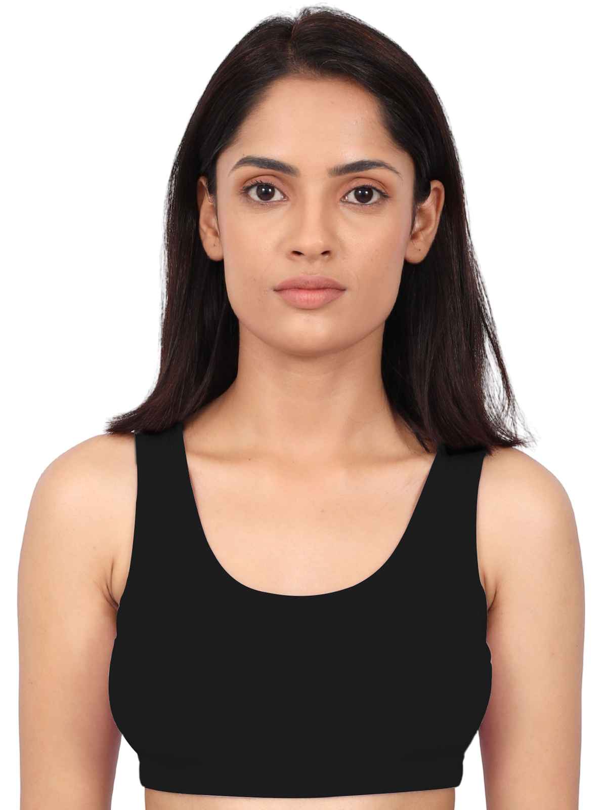 D'chica Women's Cotton Sports Bra | Double-layer Broad Strap, Non-Padded | Black - L