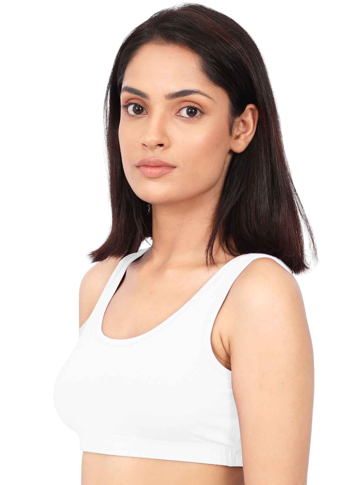 D'chica Women's Cotton Sports Bra | Double-layer Broad Strap, Non-Padded | White & Grey - M