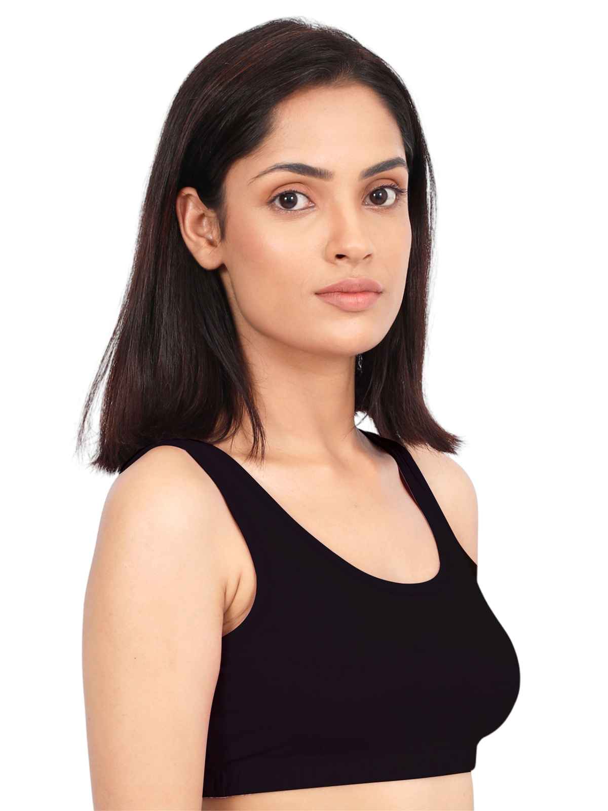 D'chica Women's Cotton Sports Bra | Double-layer Broad Strap, Non-Padded | Black - L