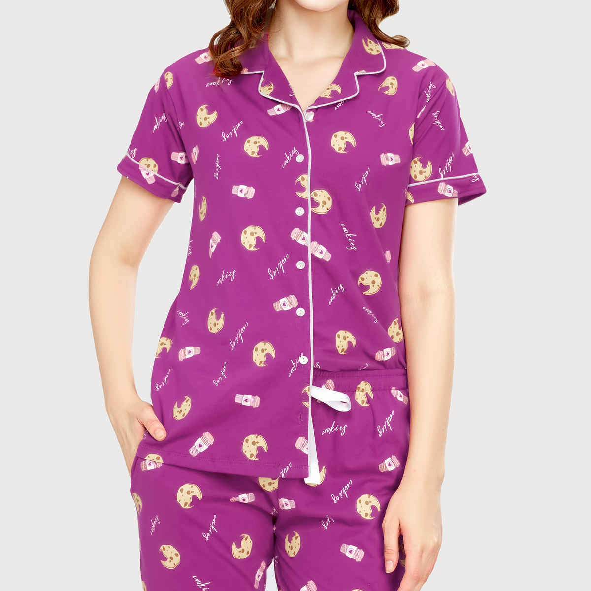 Zeyo Night Suit for Women Purple Cookies Cup Print Cotton Night Dress | Shirt-Pajama 5752-PP- XXL