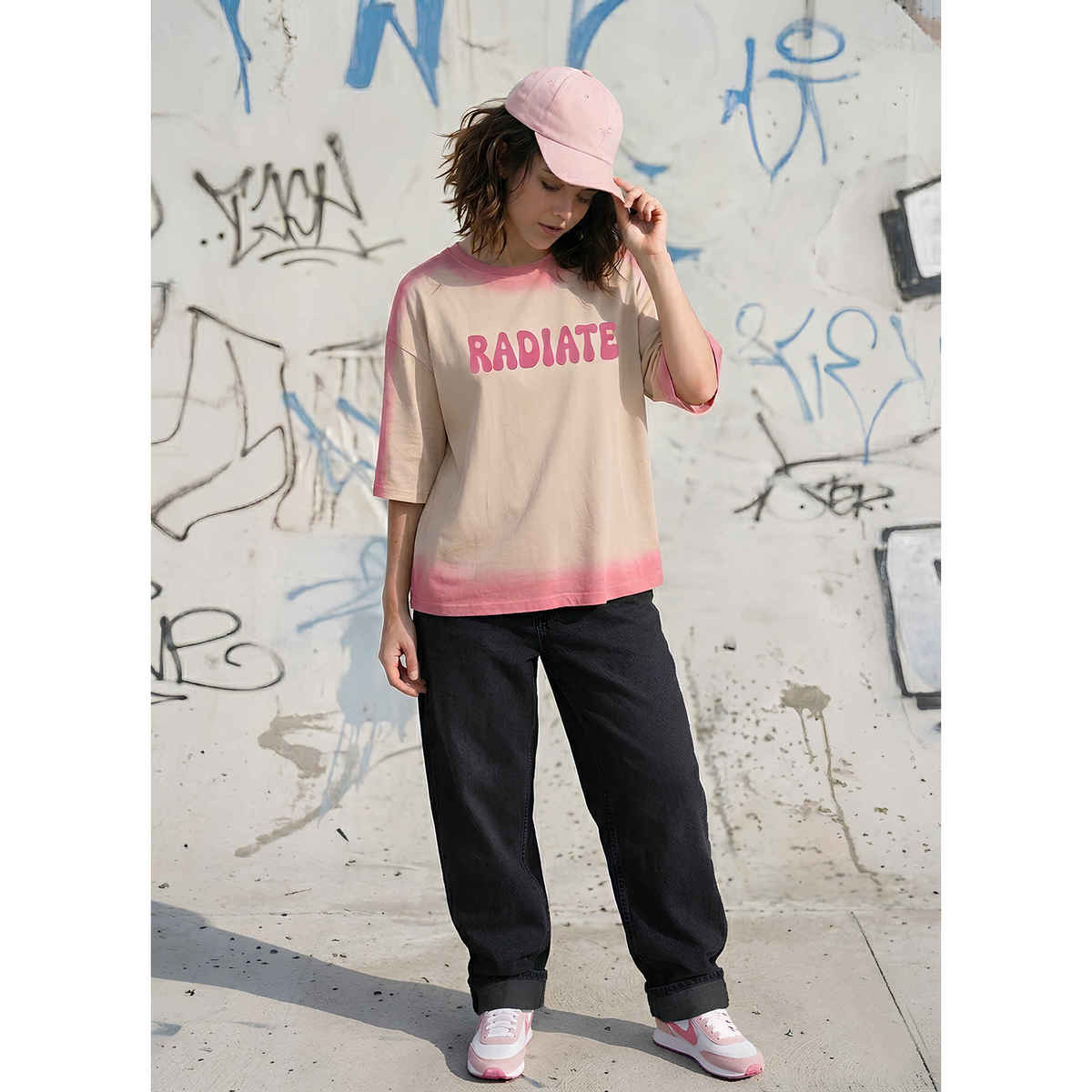 Smartees Women's Oversize Tie & Dye Tshirt | Beige - M