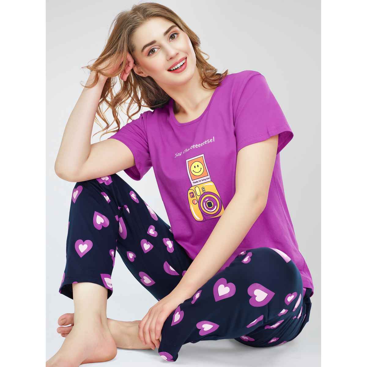 Zeyo Night Suit for Women Pink Heart Printed Cotton Night Dress of Top & Pajama Set 5771-PK- XL