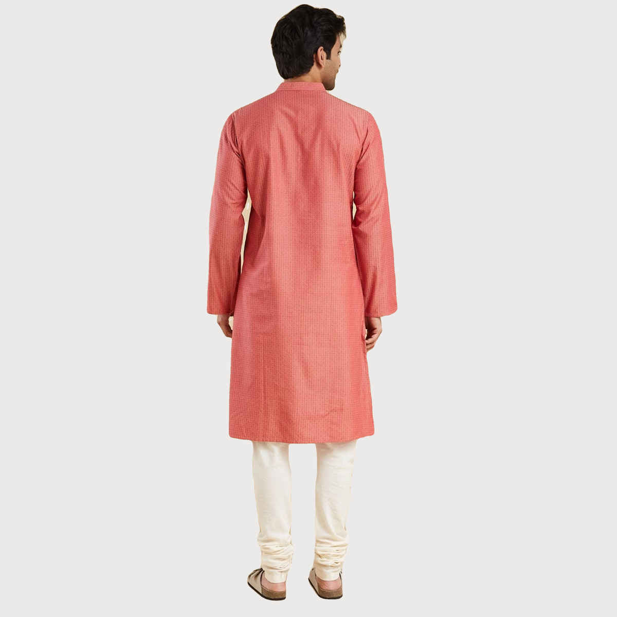 Fabindia Men's Long Kurta Slim Fit Dobby | Light Red - M