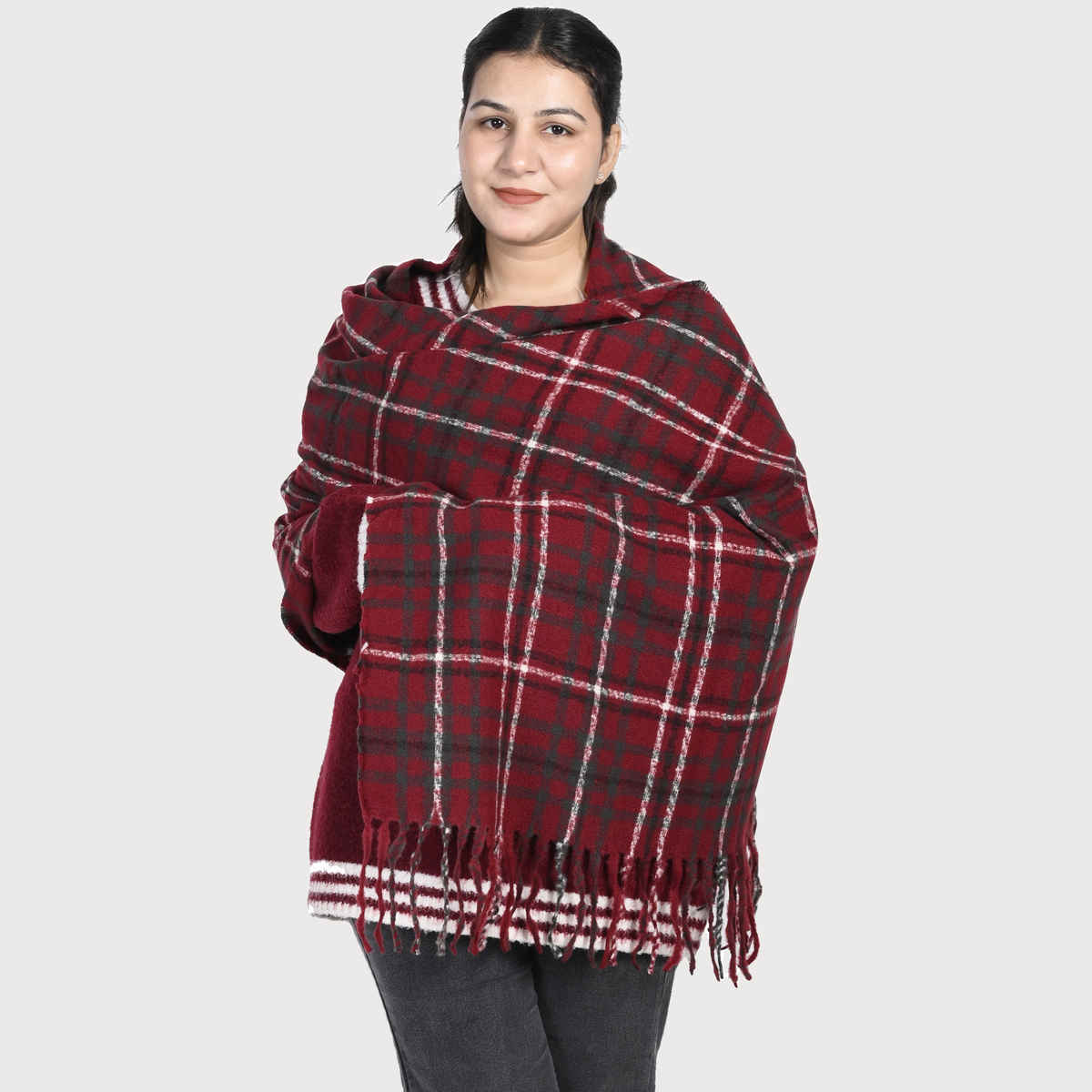 Calvadoss Women's Checked Stole With Fringed Border | STL1534 | Maroon