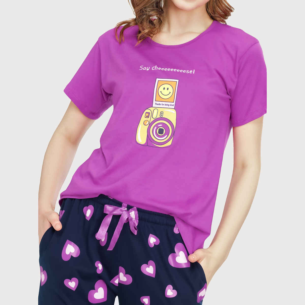 Zeyo Night Suit for Women Pink Heart Printed Cotton Night Dress of Top & Pajama Set 5771-PK- XL