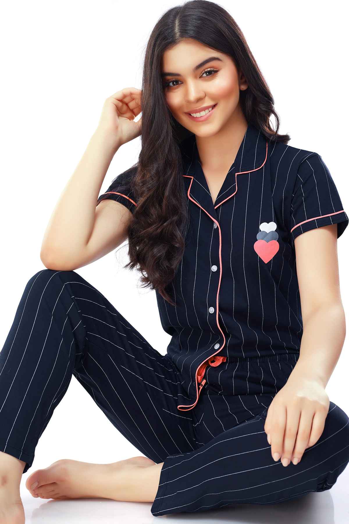 Zeyo Women's Cotton Strip Printed Navy Blue Night Suit Set of Shirt & Pyjama | 5261-XXL
