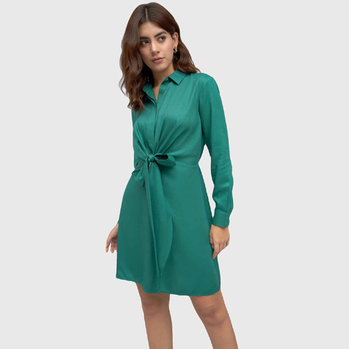 DL Women's Tie Ups Cotton Mini Shirt Dress | DLWDRW23005 | Green - M