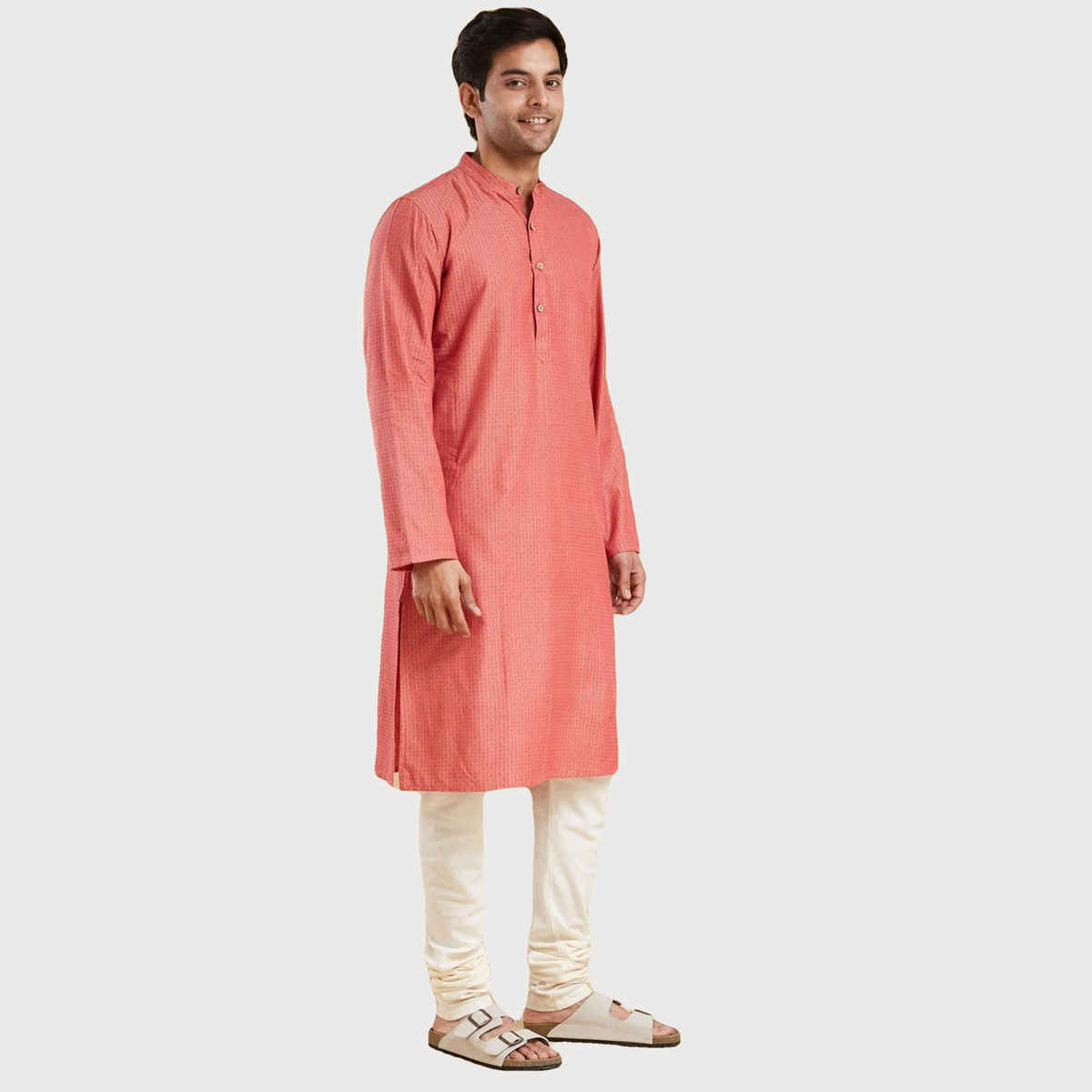 Fabindia Men's Long Kurta Slim Fit Dobby | Light Red - M