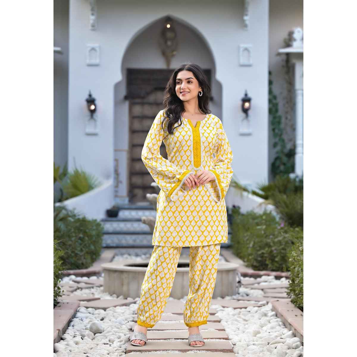 Divena Women s Yellow Floral Print Rayon Co-ord set | DK1085 | L