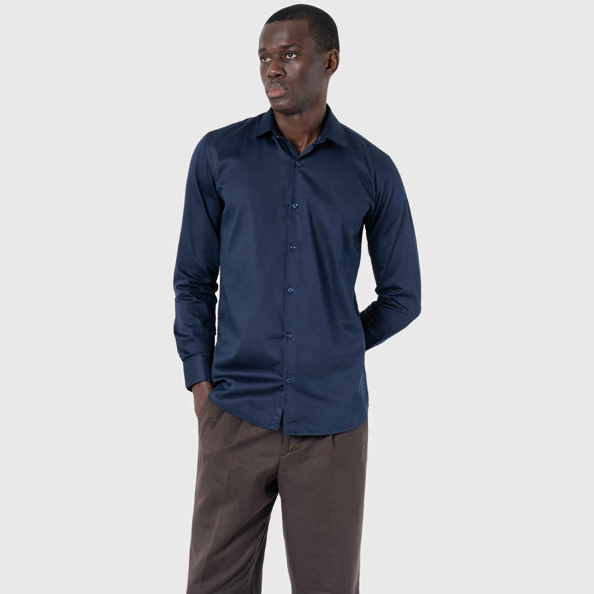 Sanskrutihomes India Slim Spread Collar Solid Satin Slim Fit Casual Shirt for Men s | Navy Blue | L