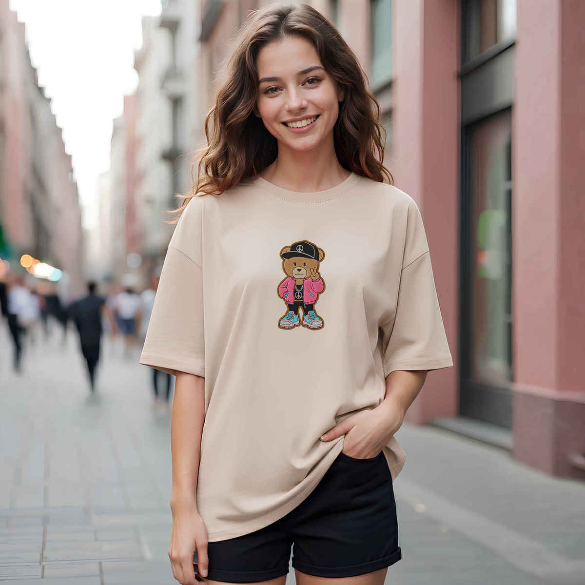 Smartees Women's Oversize Tshirt - Patch Work | Beige - M