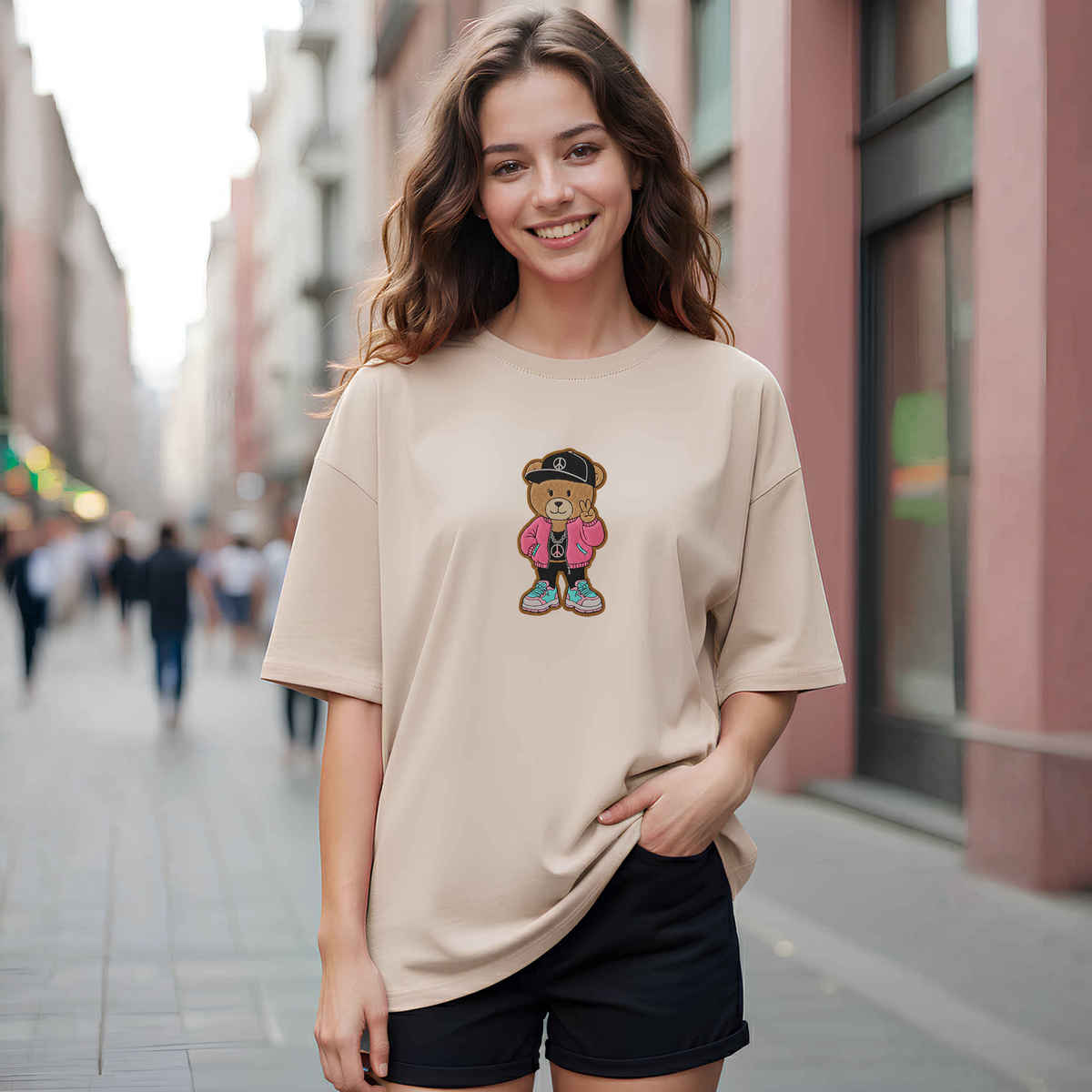 Smartees Women's Oversize Tshirt - Patch Work | Beige - XL