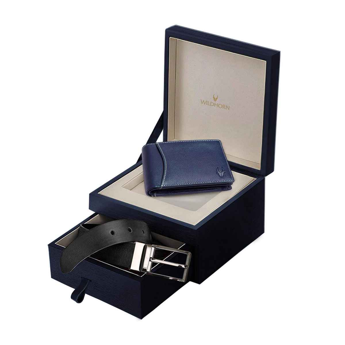Wildhorn Men's Solid Leather Belt and Wallet Gift Set | Blue - One Size