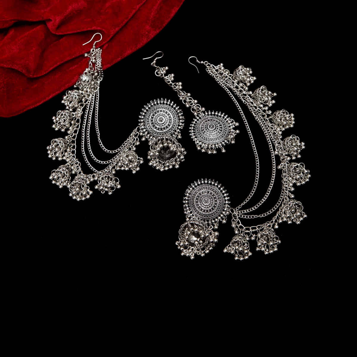 Shining Diva Fashion Oxidised Maang Tikka Bahubali Jhumka Earrings for Women and Girls | 12395er