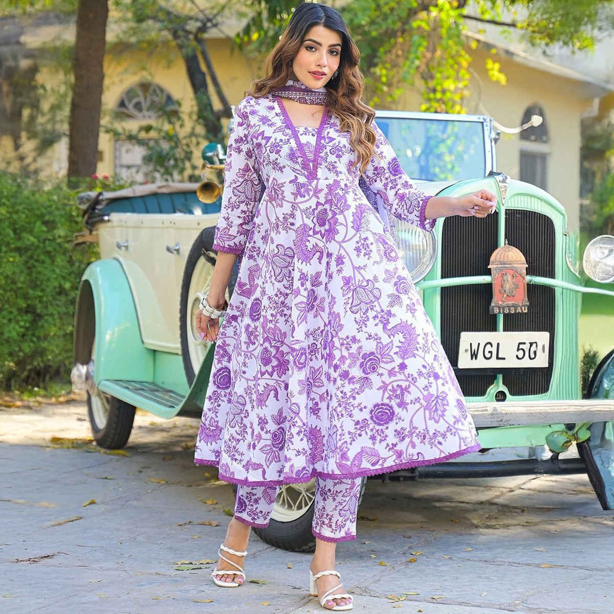 Divena Women s Floral Printed Anarkali Pure Cotton Kurta with Trousers and Dupatta | DK2179 | L