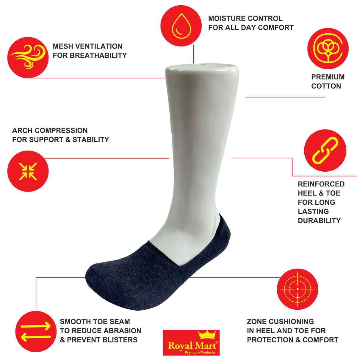 Royal Mart Unisex Cotton Blend No Show Socks | Dark Grey - Free Size