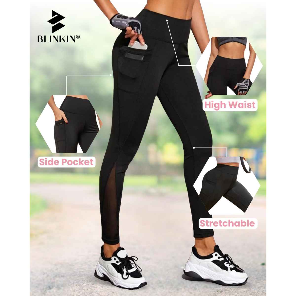 Blinkin Women's Gym Pants & Tights - Black | Stretchable | With Mesh Insert & Side Pockets | L