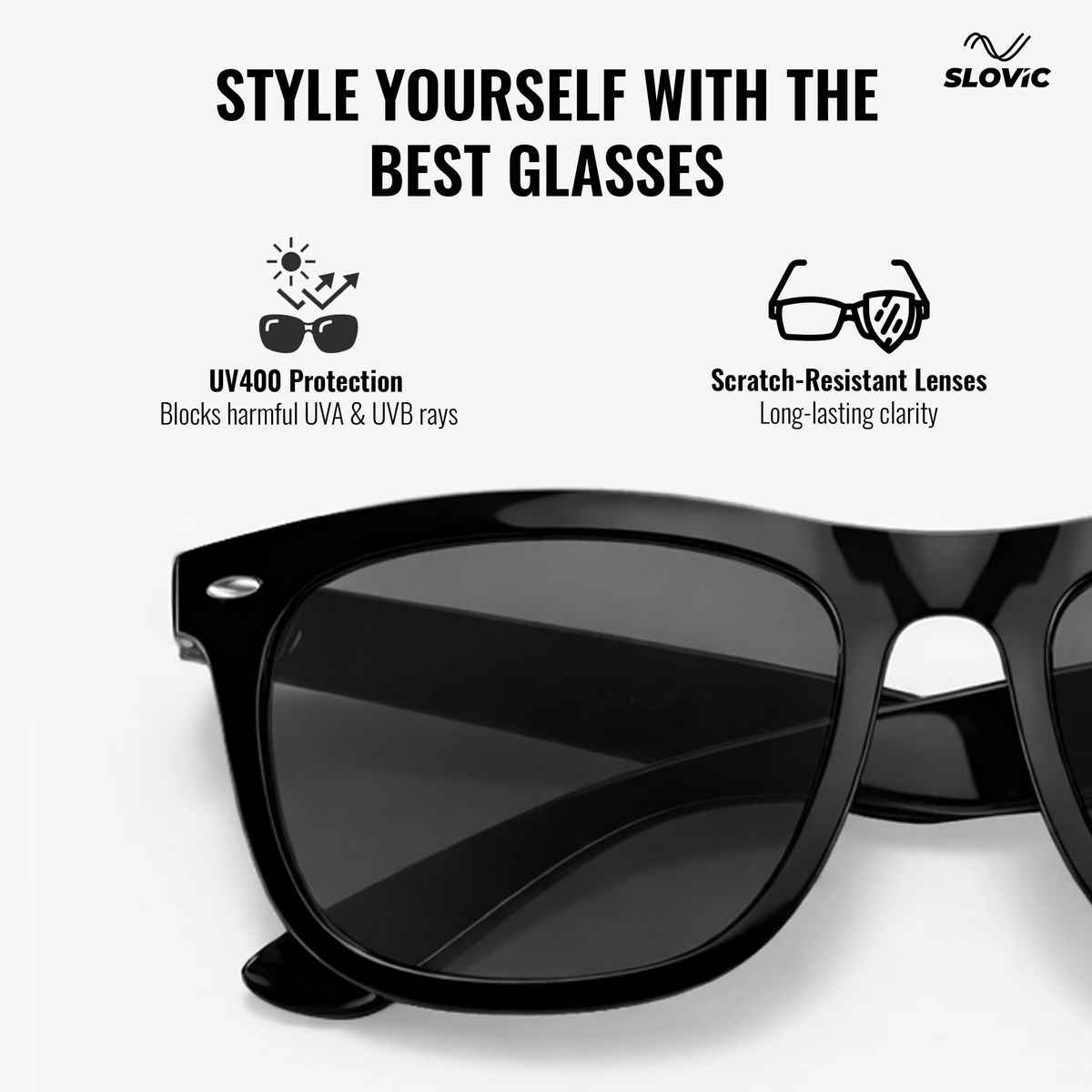 Slovic Black Wayfarer Style Sunglasses with UV Protected Lenses for Men & Women Lightweight