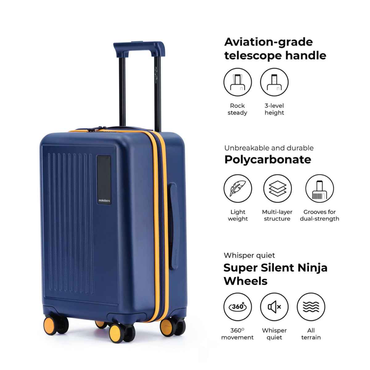 Mokobara Solid Polycarbonate 40 L Telescopic Cabin Luggage | Blue - 56 cm