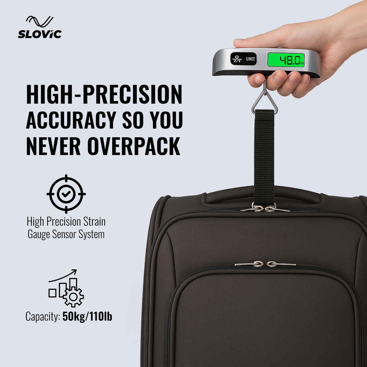 Slovic Digital Luggage Scale with LCD Indicator | Black & Silver - Capacity 50 kg