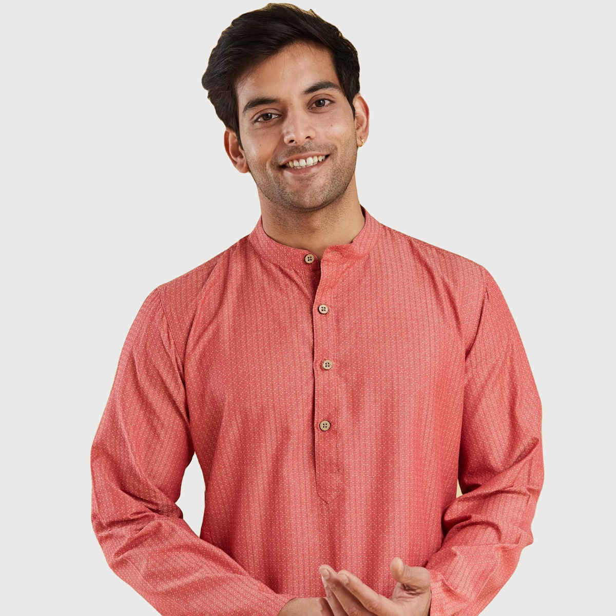 Fabindia Men's Long Kurta Slim Fit Dobby | Light Red - M