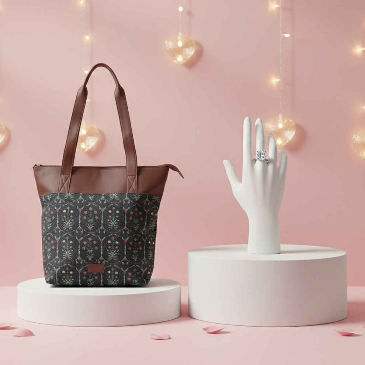 Zouk Women'S Vegan Leather 15.5 L Double Handle Tote Bag (1pc) & Labelshe Silver Plated Huge Cz Solitaire Adjustable Ring (1pc) Combo