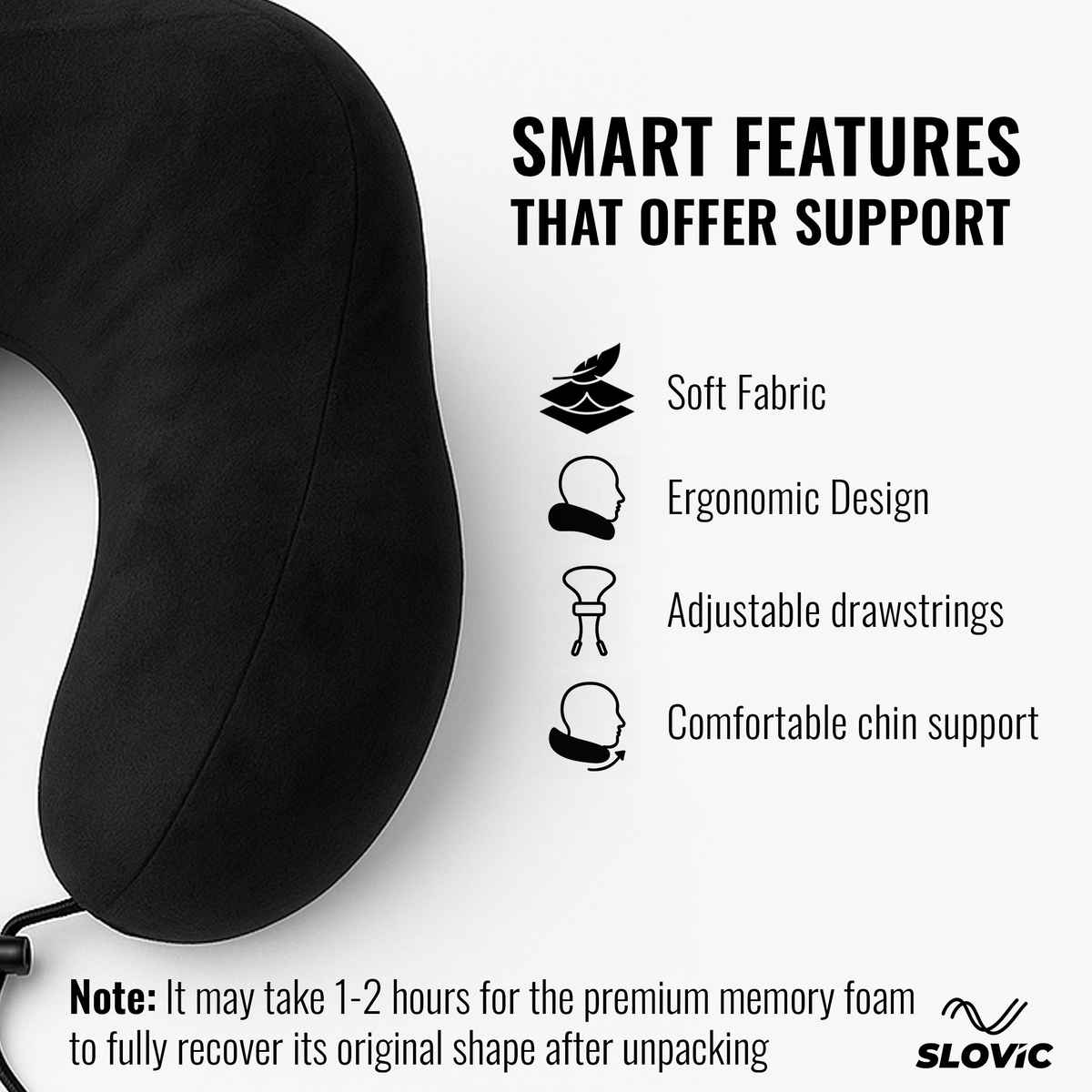 Slovic Neck Pillow with Bag For Travelling, Easy To Carry | Black