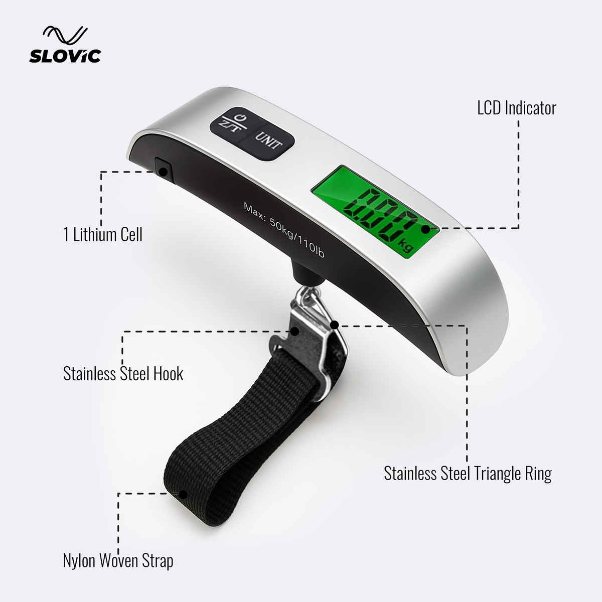 Slovic Digital Luggage Scale with LCD Indicator | Black & Silver - Capacity 50 kg