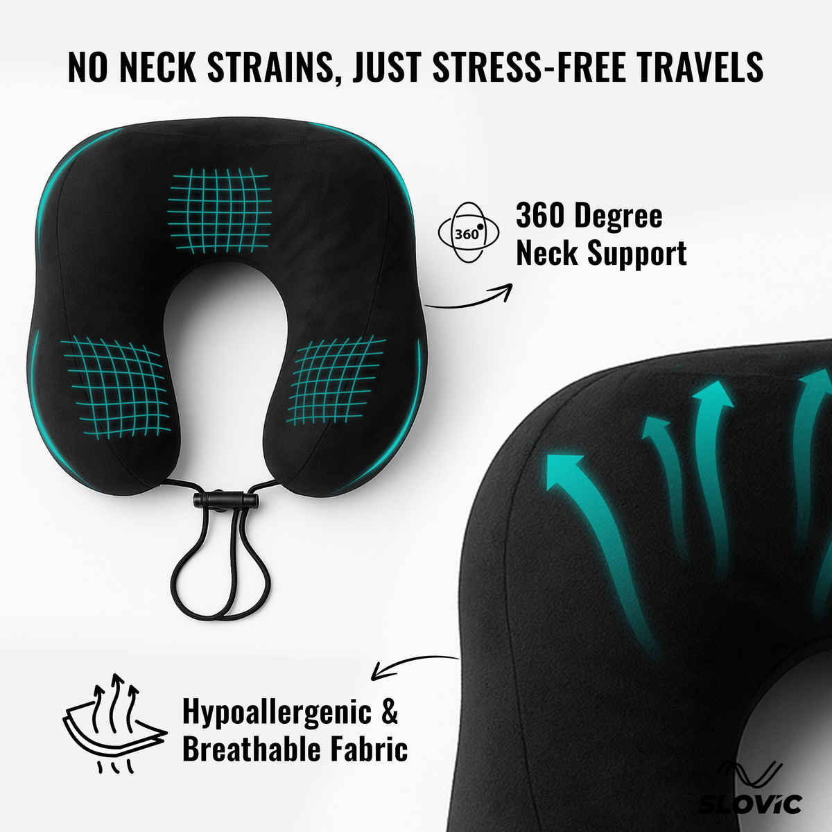 Slovic Neck Pillow with Bag For Travelling, Easy To Carry | Black