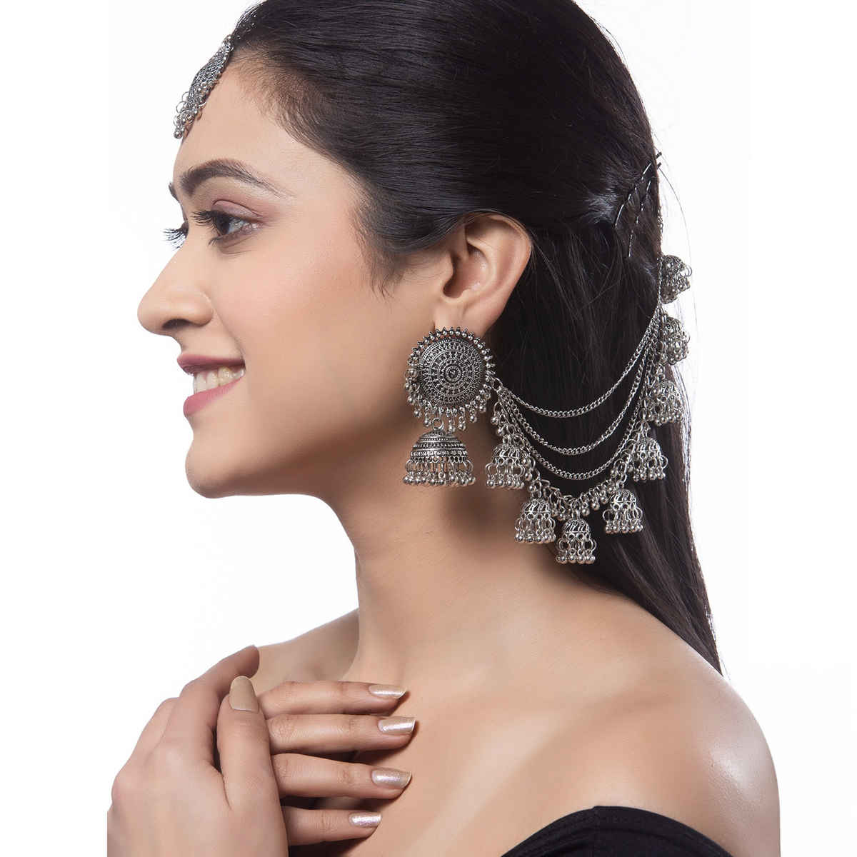 Shining Diva Fashion Oxidised Maang Tikka Bahubali Jhumka Earrings for Women and Girls | 12395er