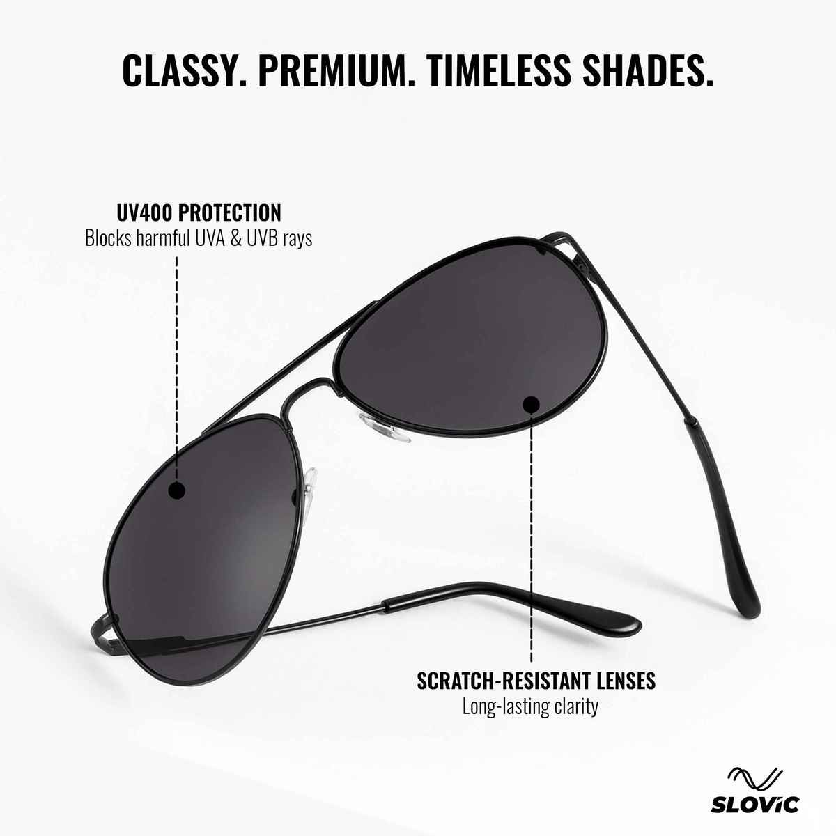 Slovic Full-Rim Unisex Aviator Sunglasses with UV400 Protection Lenses | Lightweight | Black