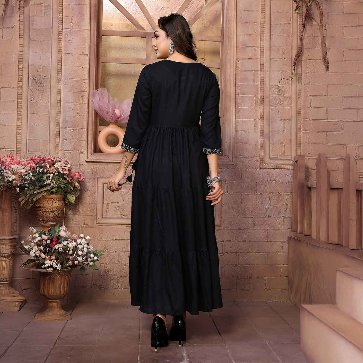 Rangita Women's Black Rayon Embroidered Ankle Length Tiered Flared Kurta | L