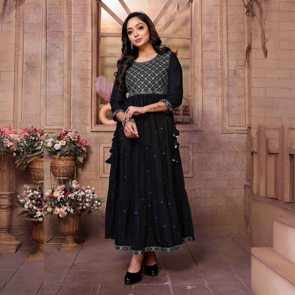 Rangita Women's Black Rayon Embroidered Ankle Length Tiered Flared Kurta | L