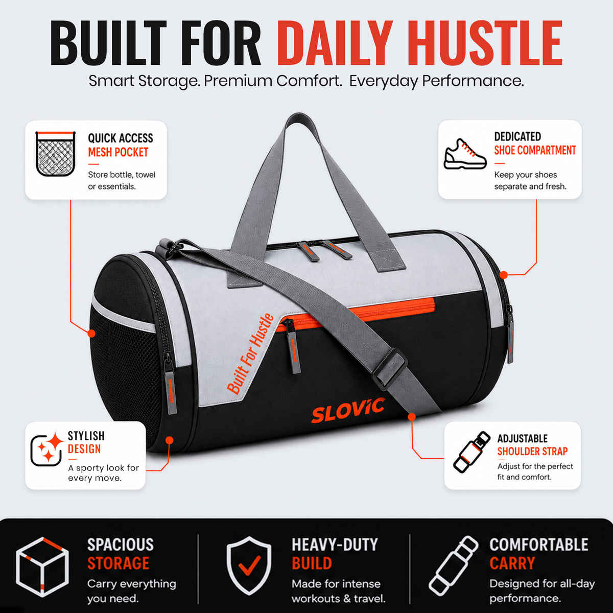 Slovic 25L Polyester Gym Bag with 4 Compartments & Separate Shoe Compartment | Orange, Grey