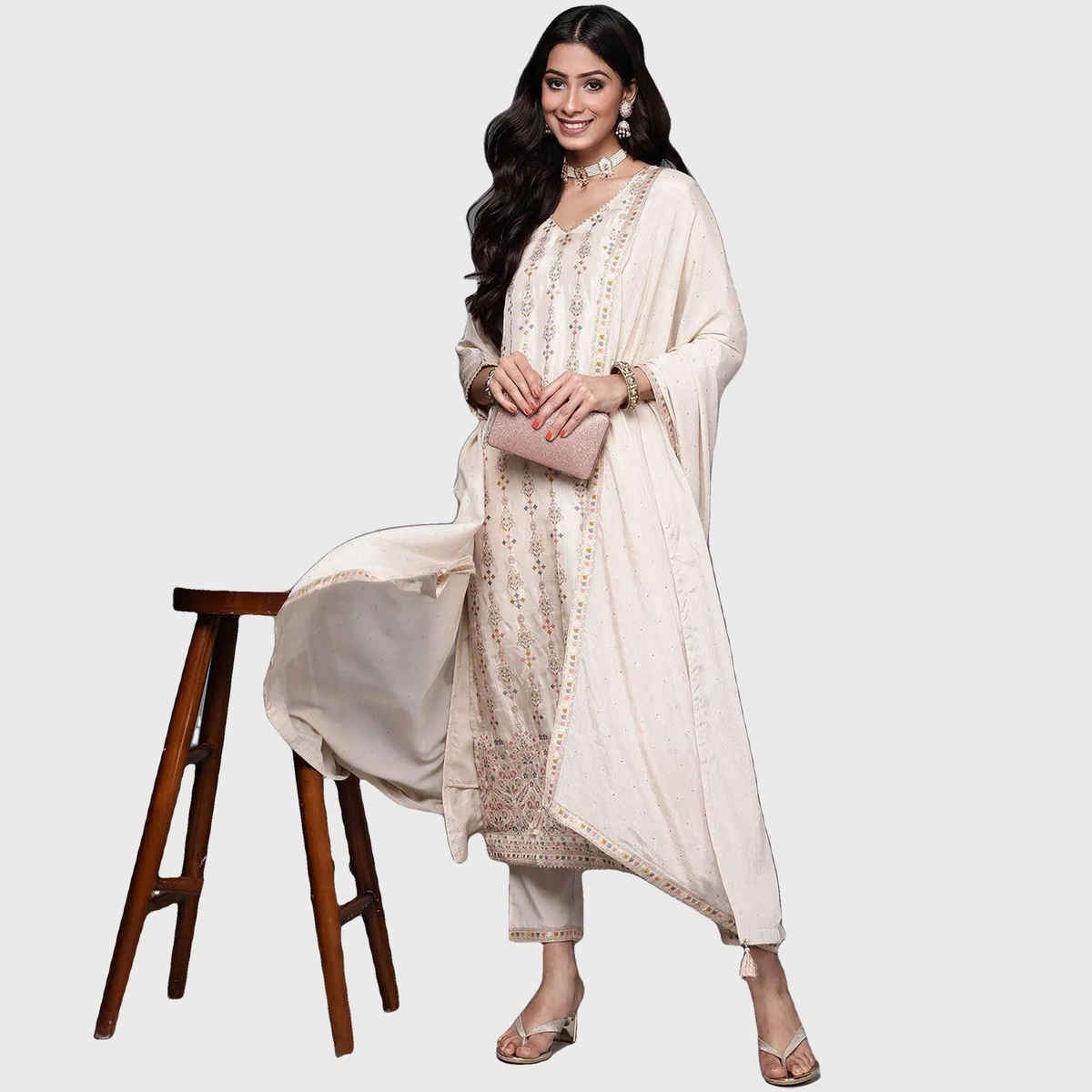 Libas Women Beige Kurta And Beige Solid Trouser With Beige Chiffon Embellished Dupatta - 33338Om