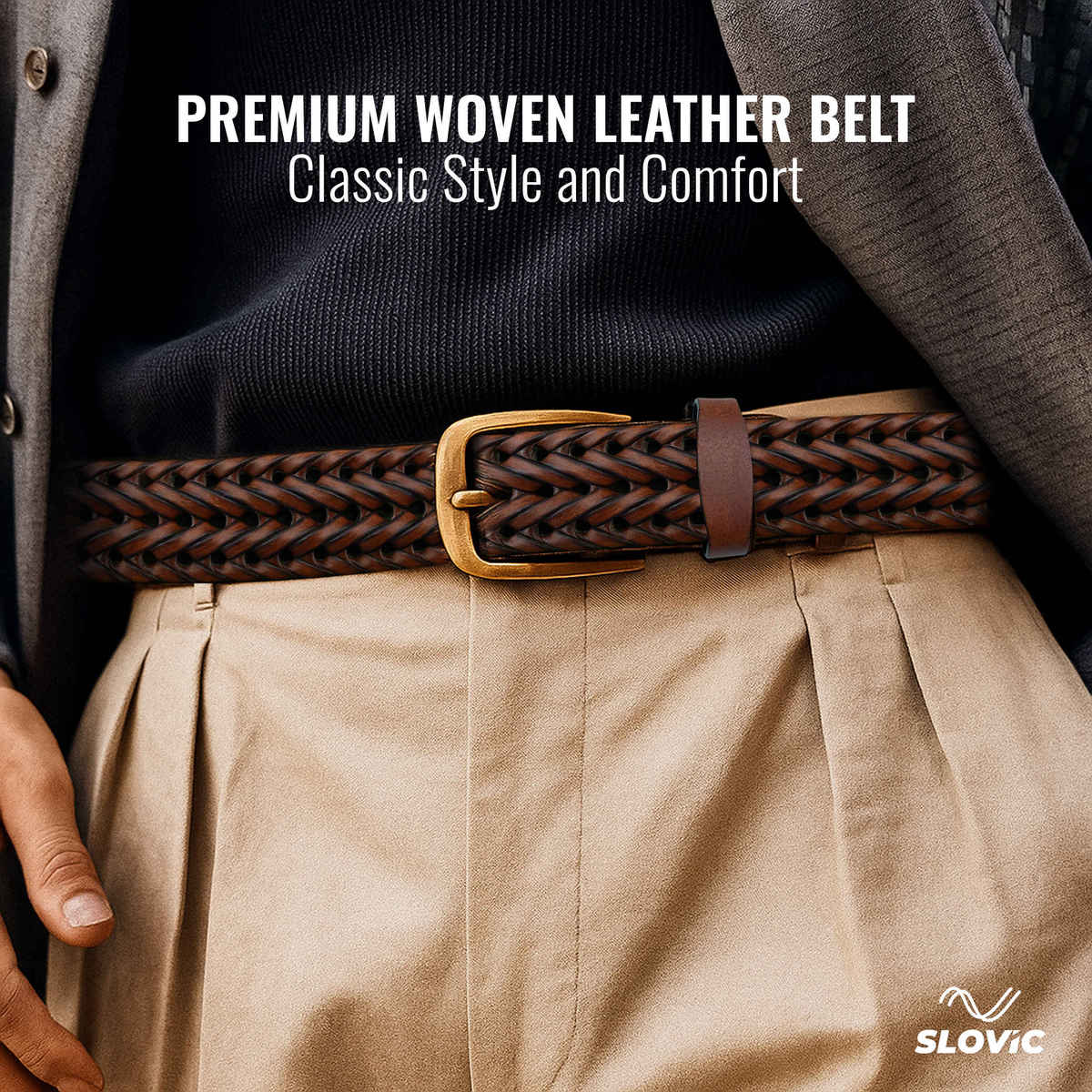 Slovic Leather Braided Belt for Men with Premium Woven Design | Ideal for Daily Wear | Brown