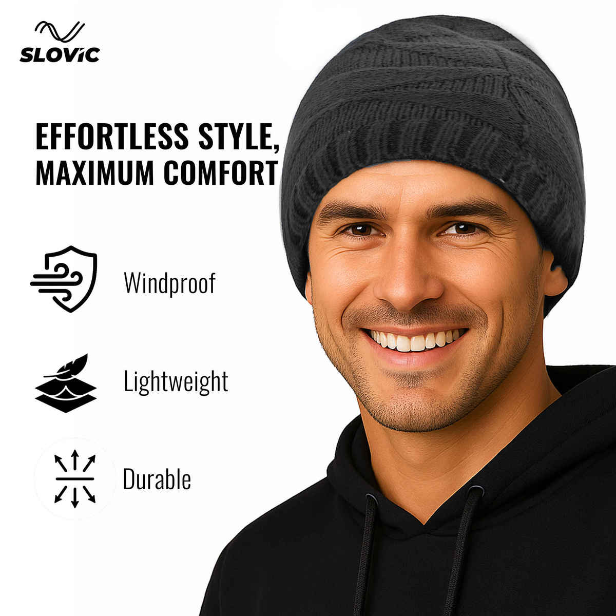 Slovic Acrylic Wool Beanie Winter Cap for Men & Women | Black