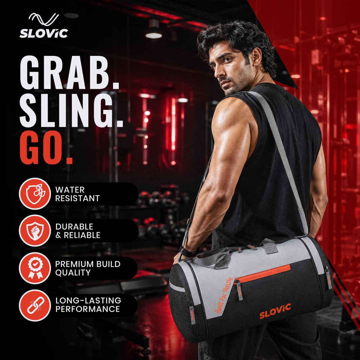 Slovic 25L Polyester Gym Bag with 4 Compartments & Separate Shoe Compartment | Orange, Grey