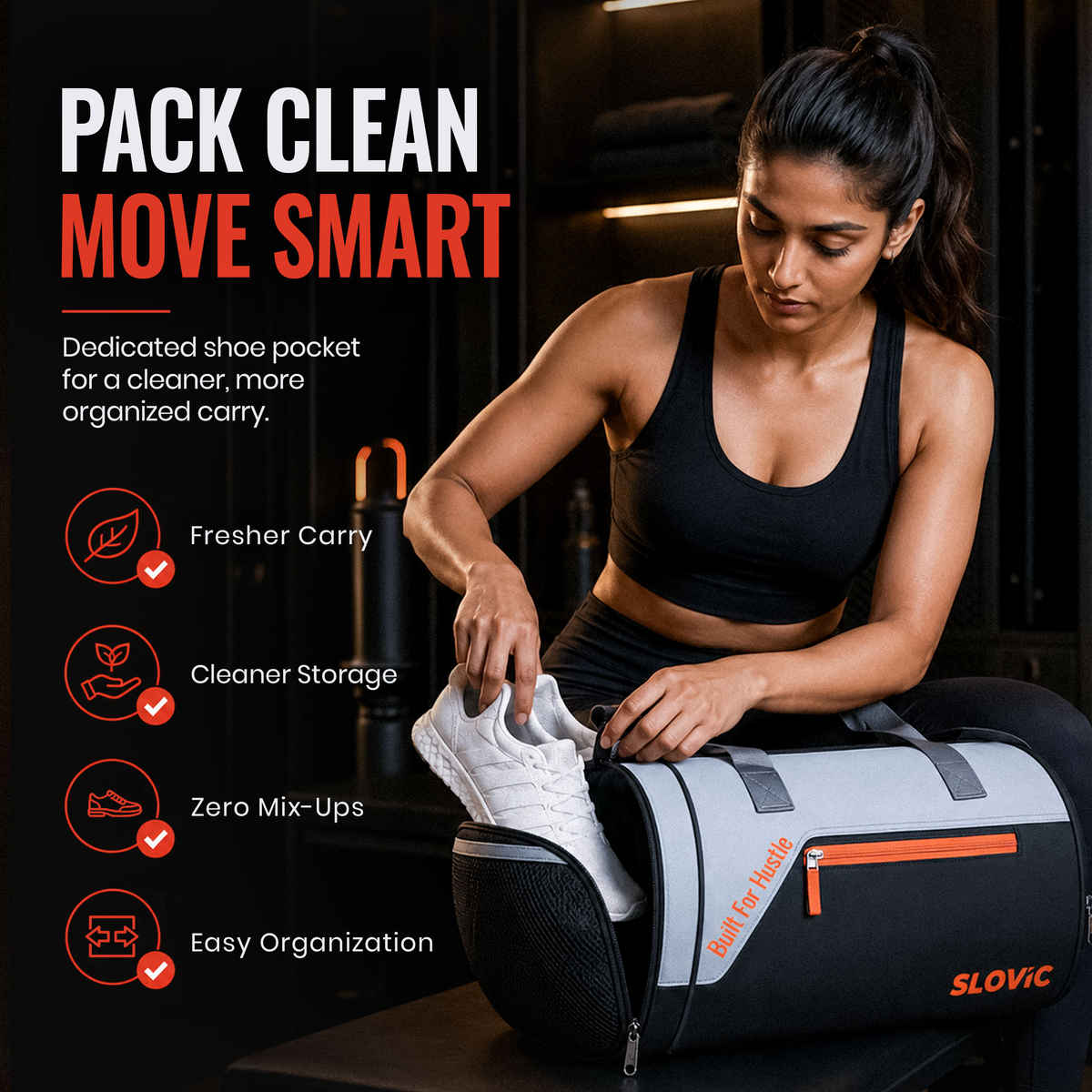 Slovic 25L Polyester Gym Bag with 4 Compartments & Separate Shoe Compartment | Orange, Grey