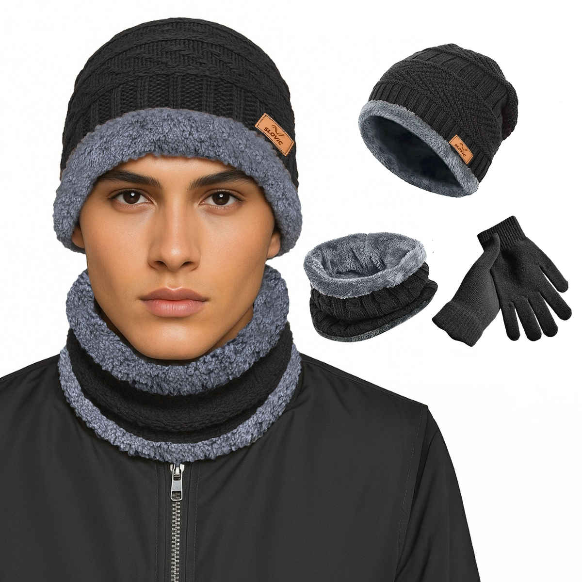 Slovic Stylish Acrylic Wool Winter Cap with Neck & Hand Gloves Set | Black