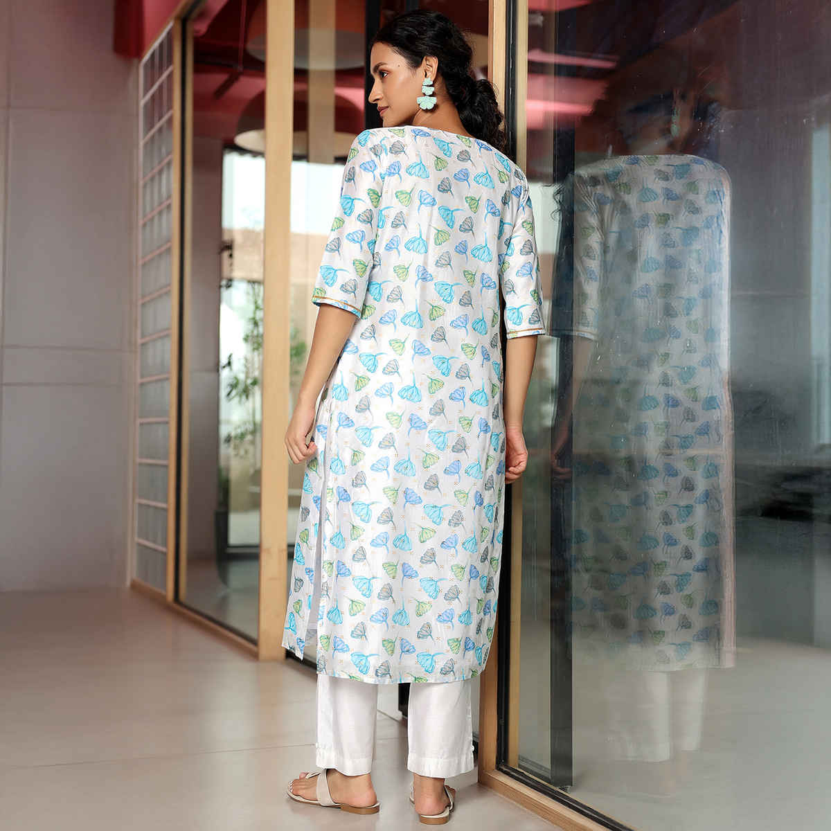 Libas Women's Printed Silk Blend Straight Kurta Set | White - M