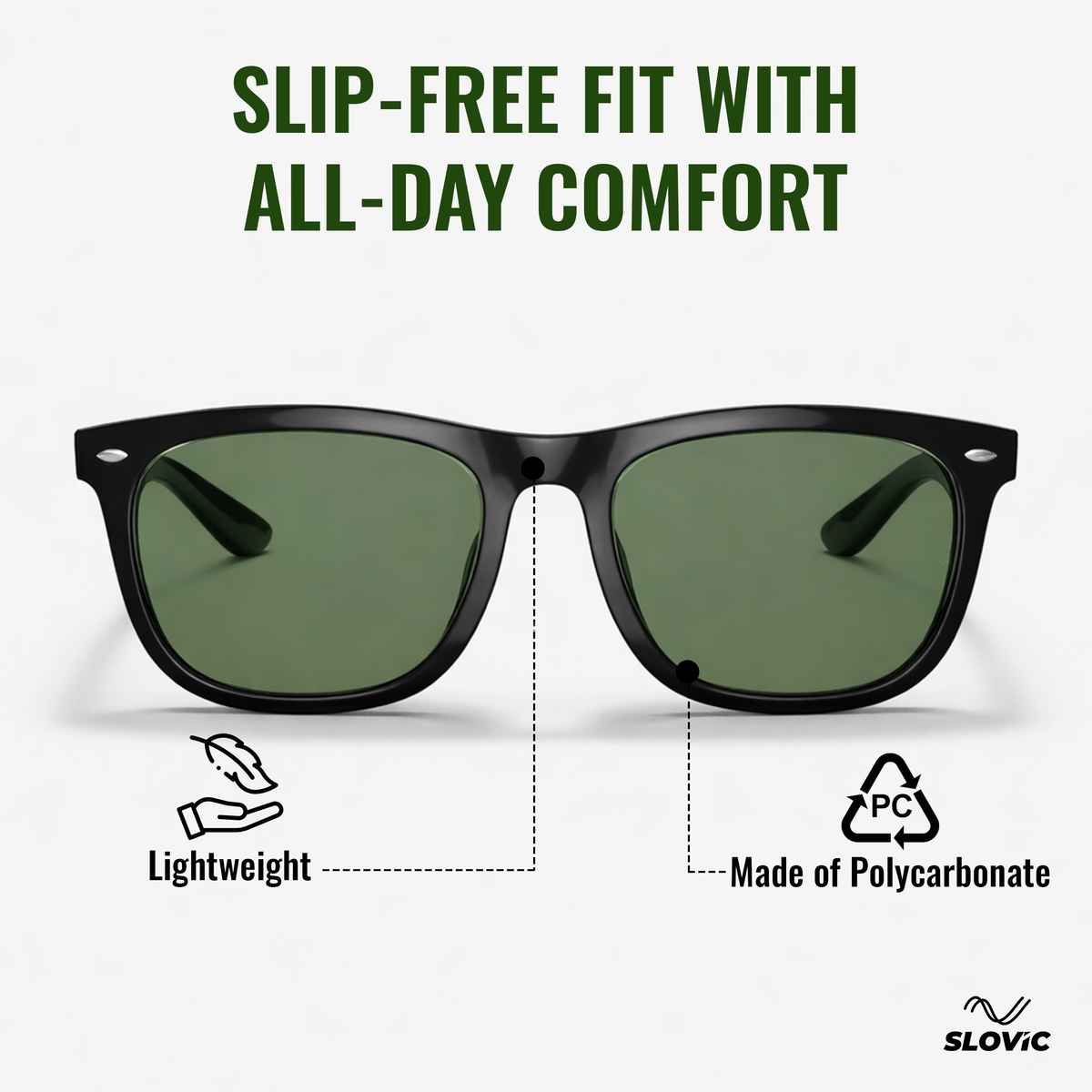 Slovic Green Wayfarer Style Sunglasses with UV Protected Lenses for Men Women Lightweight